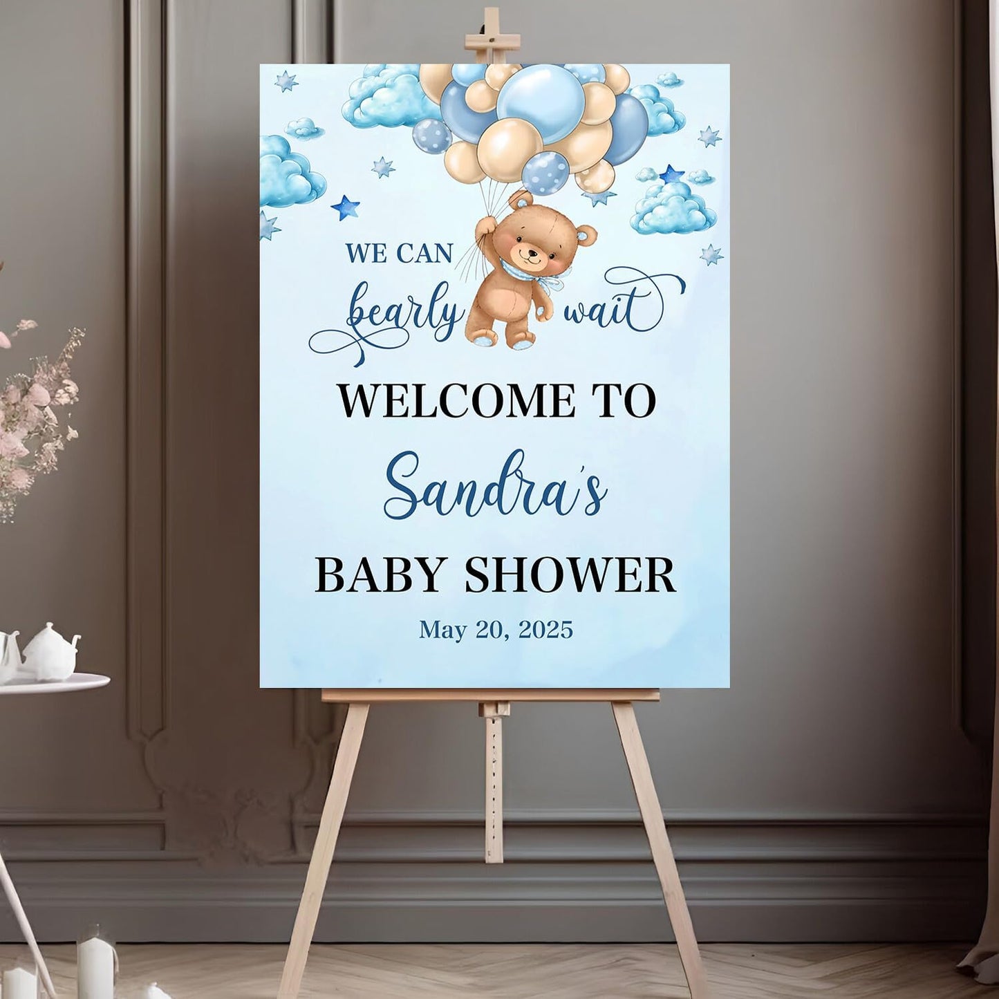 Custom Baby Shower Welcome Sign, Brown Bear Balloon Baby Shower Welcome Sign, We Can Bearly Wait Baby Shower, Blue Bear Baby Shower Decor, Blue Hot Air Balloon Baby Shower Sign