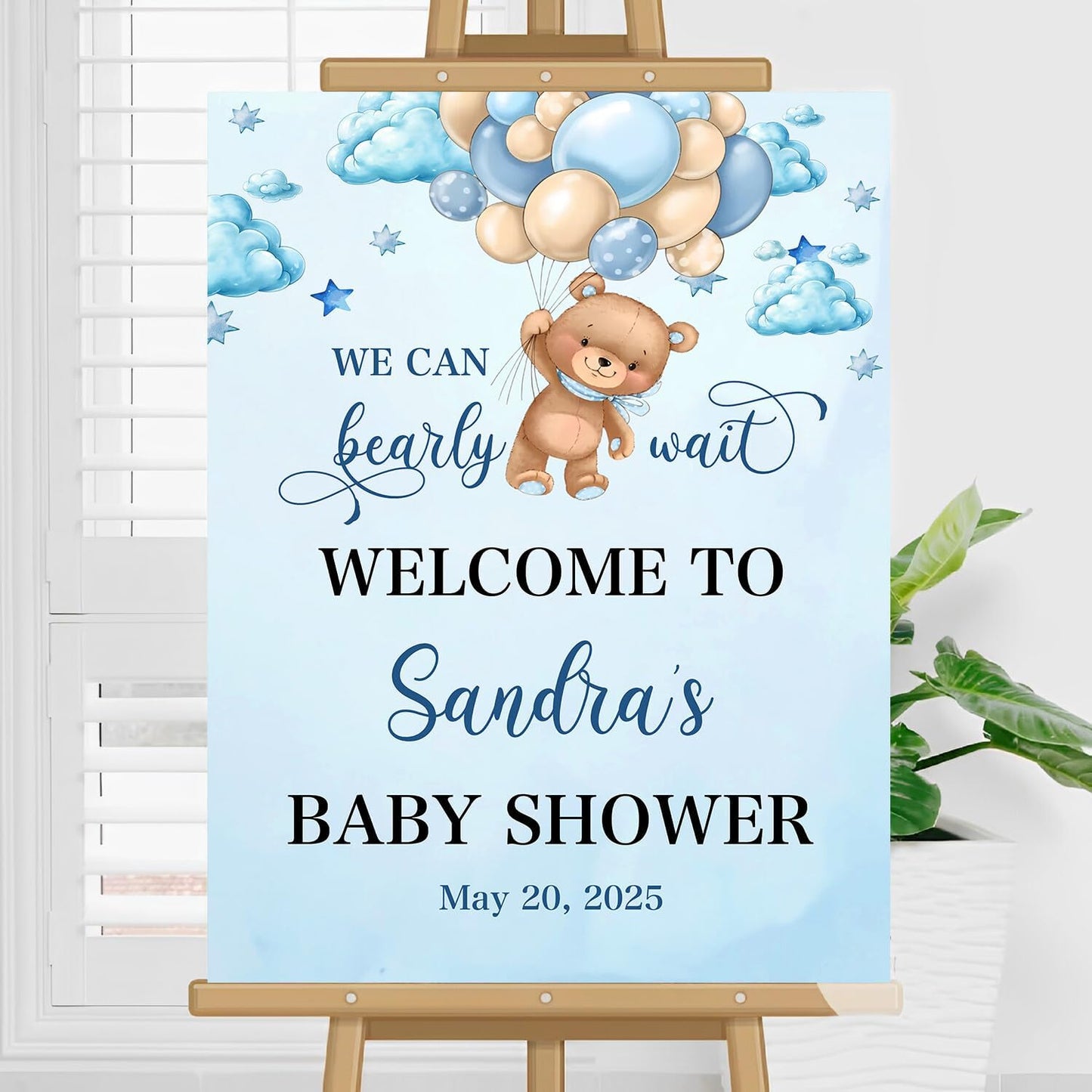 Custom Baby Shower Welcome Sign, Brown Bear Balloon Baby Shower Welcome Sign, We Can Bearly Wait Baby Shower, Blue Bear Baby Shower Decor, Blue Hot Air Balloon Baby Shower Sign