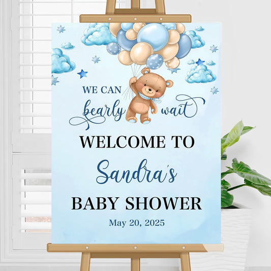 Custom Baby Shower Welcome Sign, Brown Bear Balloon Baby Shower Welcome Sign, We Can Bearly Wait Baby Shower, Blue Bear Baby Shower Decor, Blue Hot Air Balloon Baby Shower Sign