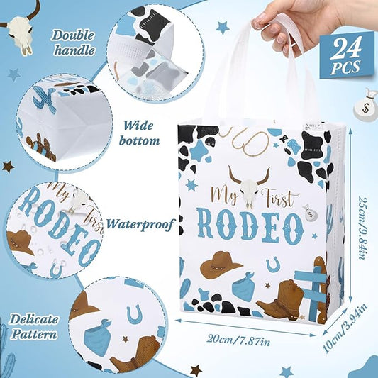 Supervitae 24 Pack My First Rodeo Gift Bags Medium Western Theme Cowboy Party Decoration Supplies Reusable Non Woven Totes for 1st Birthday Rodeo Themed Supplies Favor(9.8" x 7.9" x 3.9")