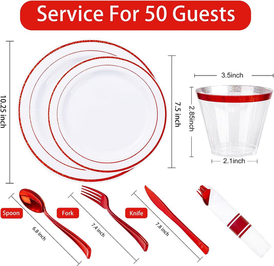 WELLIFE 350-Piece Red Plastic Party Dishware Set - 50 Dinner Plates, 50 Dessert Plates, 50 Cups, 50 Plastic Cutlery