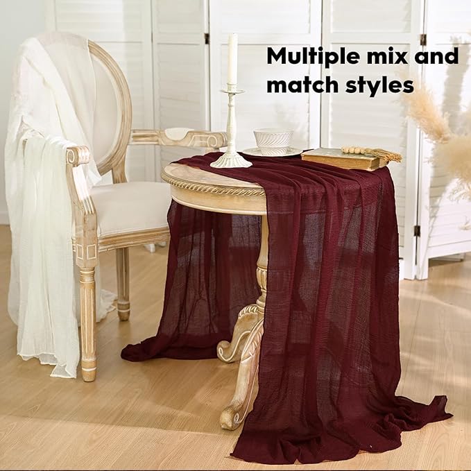 Artoid Mode Boho Cheesecloth Gauze Burgundy Wedding Table Runner, 120 Inch Seasonal Fabric Kitchen Dining Holiday Table Decor for Home Party Indoor
