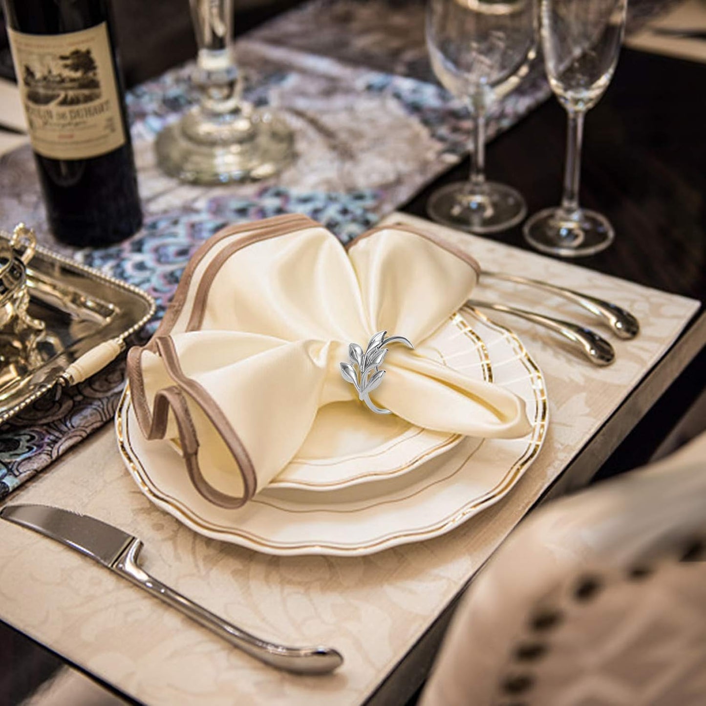 KPOSIYA Set of 6 Leaf Napkin Rings Metal Gold Napkin Holder Table Napkin Rings for Thanksgiving Day Christmas Dinning Table Parties Everyday (Ye Zi-Silver 6)