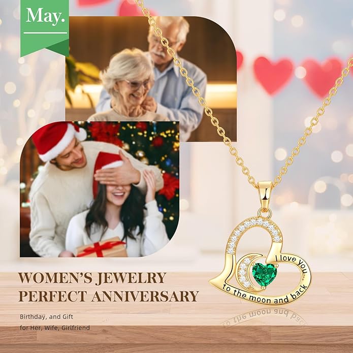 Anniversary Necklace for Women Birthstone Jewelry for Wife Gifts for Her Wife Birthday Gift Ideas Anniversary for Girlfriend I love you to the moon and back Necklaces Filled 925 Sterling Sliver