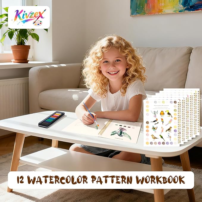 Kivzex Watercolor Workbook for Adults, Beginner Friendly Watercolor Painting Kit Birds Water Coloring Book, Nature-Themed Practice Art Gift Water Color Paint Book with Palette and Brush