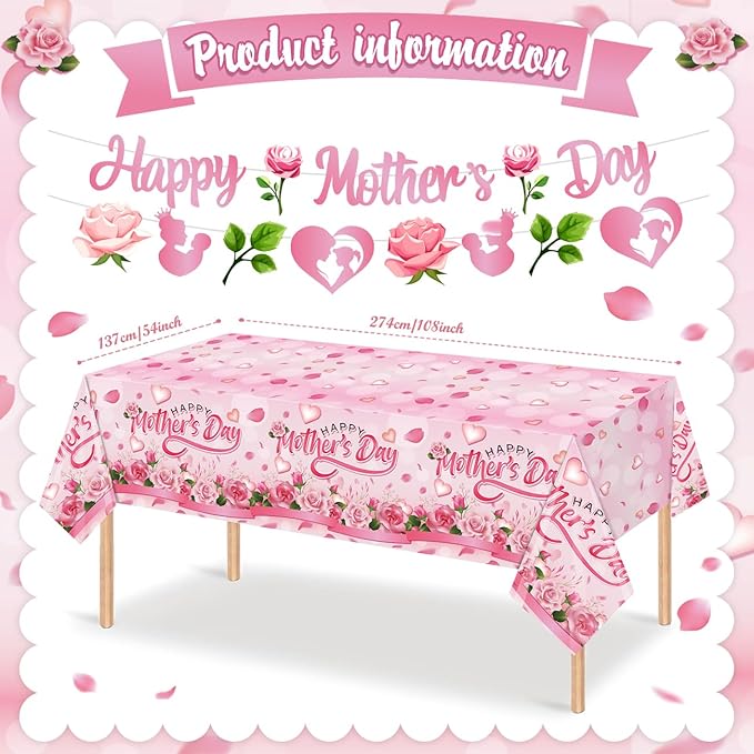 Mother's Day Plates and Napkins Set Pink Floral Happy Mothers Day Cake Topper Including Banner Cups Balloons for Best Mom Day Party Supplies