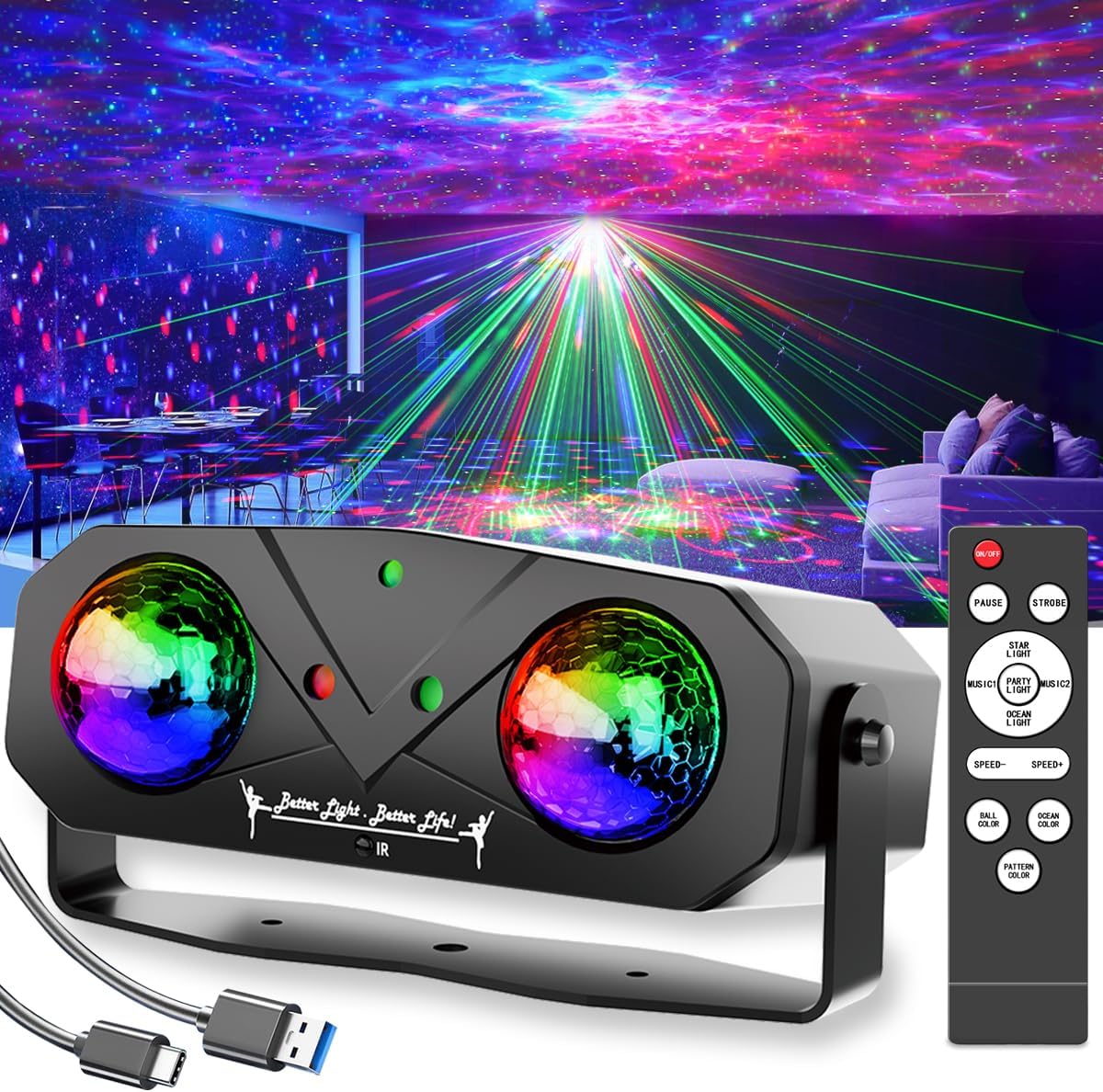 Party Disco Ball, Dj Disco Light Strobe Dance Sound Activated with Remote Control Stage Rave Light Ocean Star Projector for Club Parties KTV Christmas Halloween Décor Birthday Outdoor Glow Party