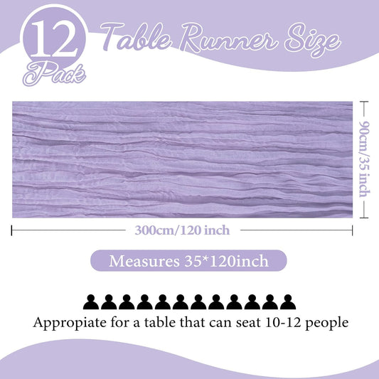 12 Pack 10FT Lavender Purple Cheesecloth Table Runner 35x120 Inch Gauze Rustic Boho Table Runner Cheese Cloth for Wedding Decor Birthday Party Bridal Baby Shower Table Centerpiece Decoration