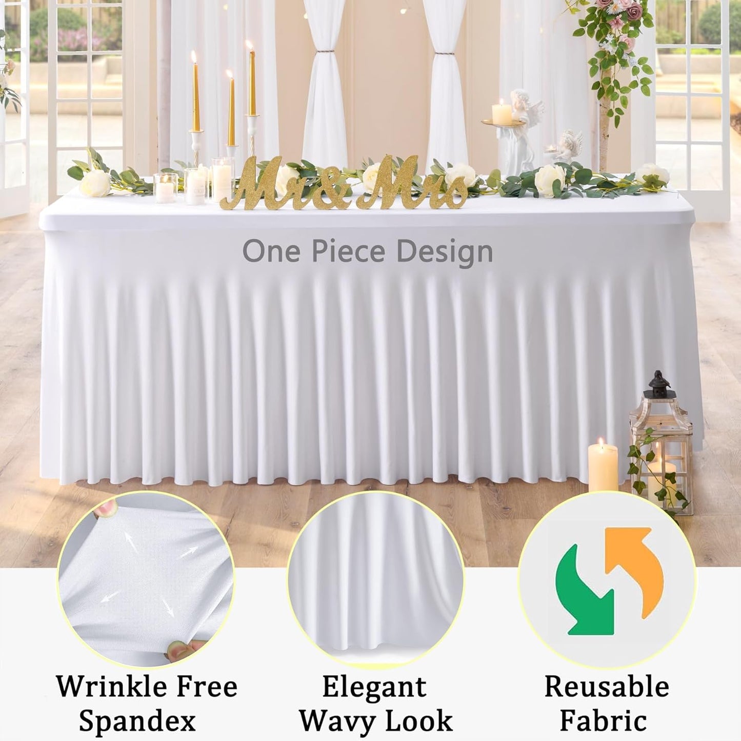 8Pack White Spandex Tablecloths for 8 Foot Rectangle Tables, Wrinkle Free Stretchy Fitted 8FT Table Cloths Cover Desk Skirt for Parties Weddings Birthday Banquet Baby Shower Events