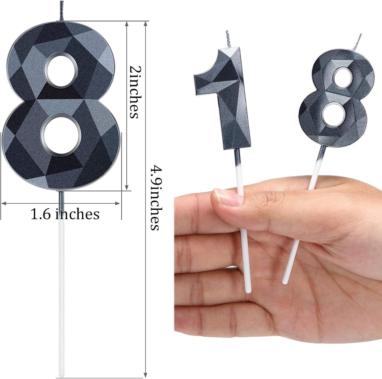 18th Birthday Candles, Black 3D Diamond Shape Number 18 Candles Happy Birthday Cake Topper Decoration for Wedding Decor Theme Party Anniversary, 2 Inch