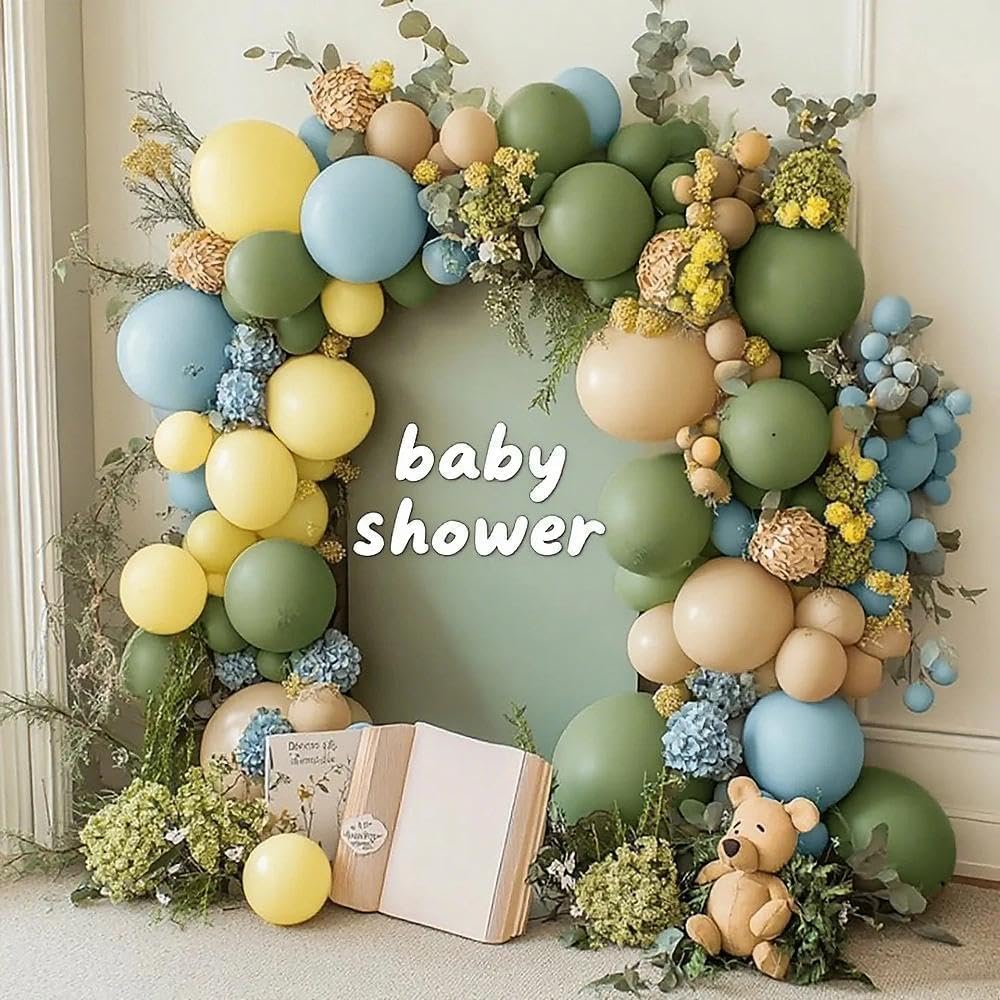 Blue Yellow Green Balloon Garland Double Stuffed Sage Green Dusty Blue Yellow Gold Balloons Pastel Balloon Arch Kit for Bear Baby Shower Wild One Birthday Wedding Anniversary Party Decorations