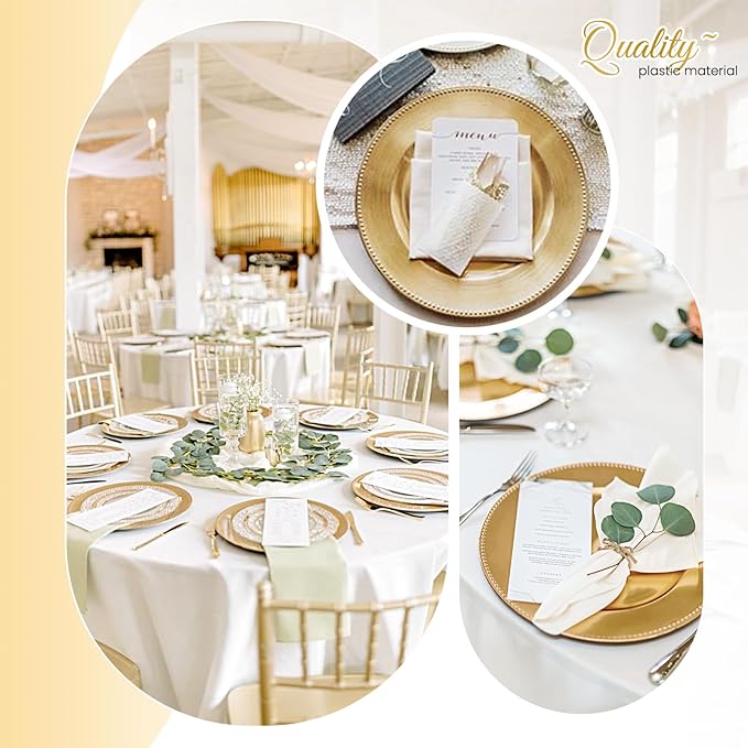 50 Pcs Gold Charger Plates Bulk, 13" Round Beaded Plate Chargers for Dinner Plates, Decorative Dinner Chargers Plastic Table Chargers for Wedding Holiday Party Baby Shower Event Decoration (Gold)