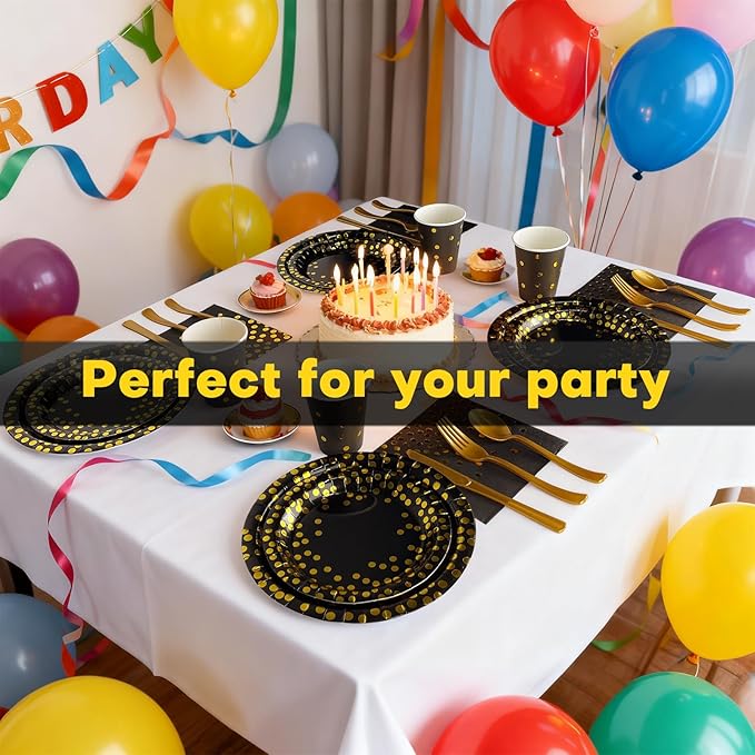 Disposable Plates for Party 25 Sets, Holiday Paper Plates and Napkins w/Cutlery & Cups, Heavy Duty Golden Dot Black Party Plates Napkins Cups for Baby Shower Birthday Wedding