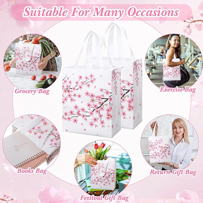 Supervitae 24 Pack Cherry Blossom Theme Gift Bags Spring Floral Medium Goodie Party Favor Bags Vintage Reusable Totes Non Woven Totes for Baby Shower Birthday Wedding Family Travel(9.8" x 7.9" x 3.9")