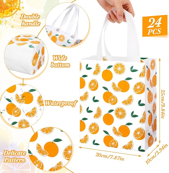Supervitae 24 Pack Cutie Gift Bags Medium Goodie Orange Citrus Party Favor Bags Reusable Non Woven Totes for Fruit Birthday Wedding Baby Shower Party Family Holiday Travel(9.8" x 7.9" x 3.9")