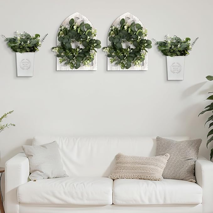 4 Sets 67 Pcs Farmhouse Wall Decor Set Rustic Window Frame Wall Decor with Eucalyptus Wreath and Metal Walls Planters Vintage Farmhouse Walls Art for Living Room Entryway(Arched Cathedral)