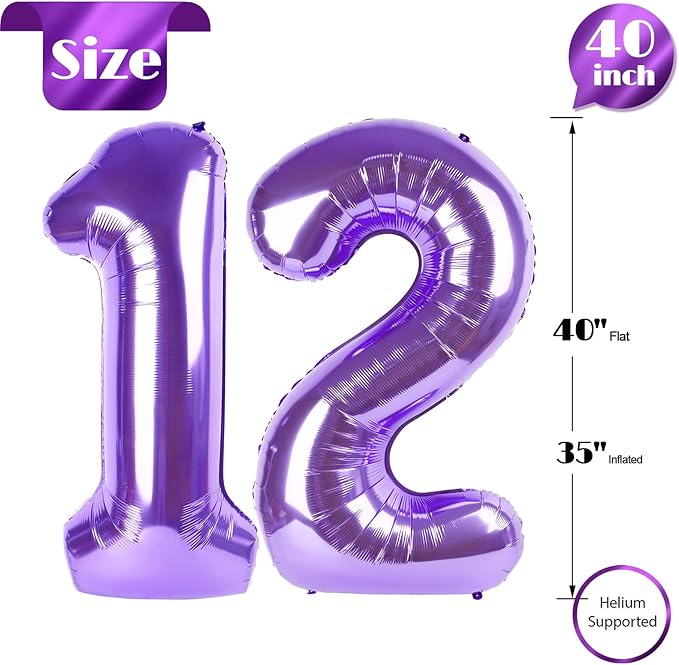 Purple Number 12 Balloon 40 Inch, 12th Birthday Party Decorations for Children, Giant 12 Foil Balloon for Party Supplies