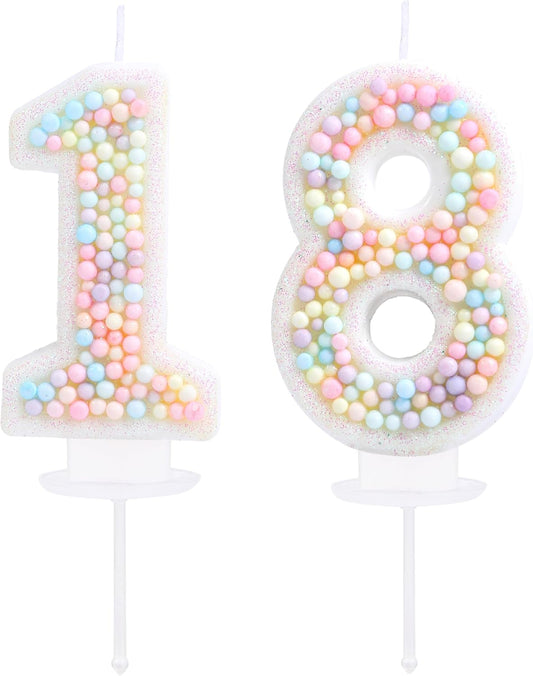 18th Birthday Candle Macaron Glitter 3D Pastel Number 18 Candles for Birthday Cakes Girl Women Sweet Theme Birthday Wedding Anniversary Party Cake Decoration