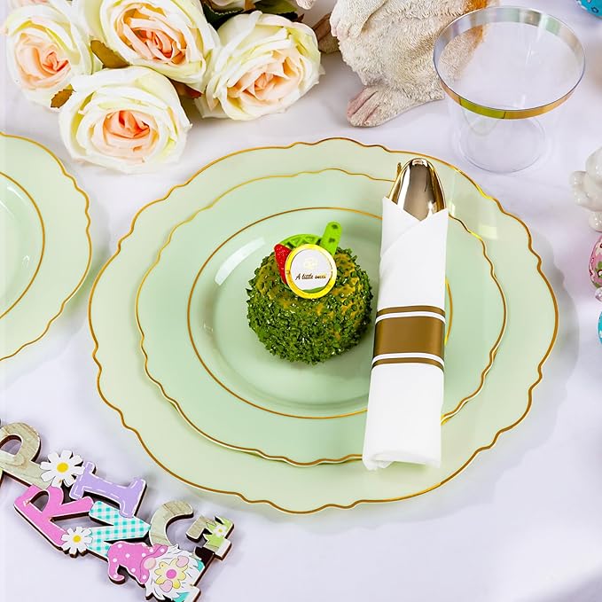Liacere 175PCS Light Green Plates - Disposable Green and Gold - 25guest Baroque Dinnerware include 50Plates,25Pack Pre Rolled Napkins with Silverware 25Cups for Mother's Day&Easter Day