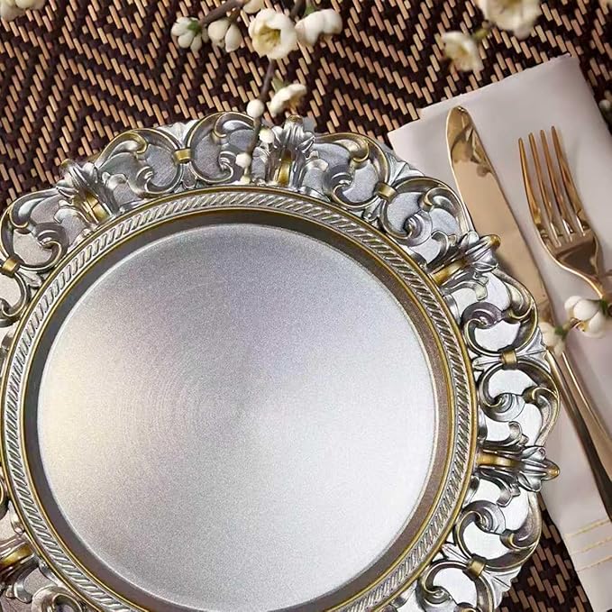 6 Pack Silver Charger Plates 13" Round Charger Plates for Dinning Plates with Embossed Rim Plastic Charger for Dinner, Wedding, Elegant Tableware Decor