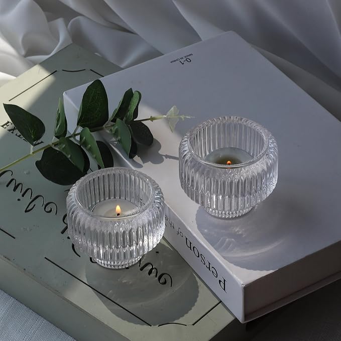 Woho Clear Taper Candle Holders Set of 8 for Taper Candles/Tea Lights Candles, Ribbed Glass Candlestick Holders for Wedding Table Centerpiece, Fluted Votive Candle Holders for Dinner Party Home Decor