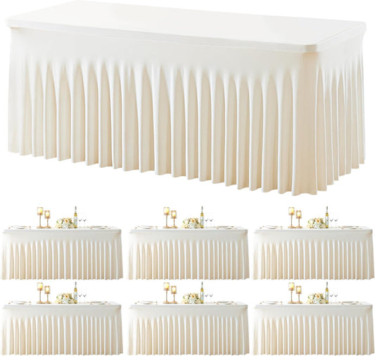 Gogoparti 6 Pack Ivory Spandex Fitted Table Cloth for 8ft Rectangle Tables - Ivory Stretch Tablecloth - Wrinkle Free, Stain Resistant