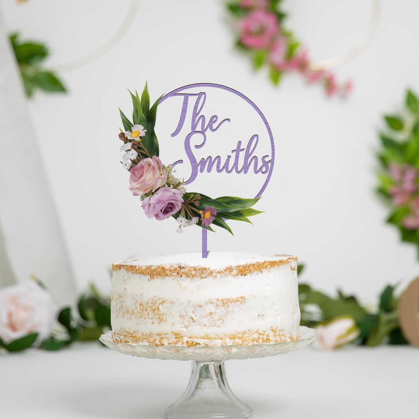 3D Flowers Wedding Cake Topper Custom Last Name Wedding Cake Decoration in Wood with 3D Artificial Roses (Lavender)