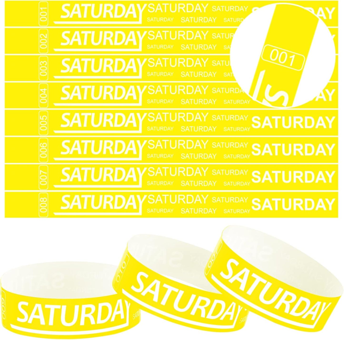 Henoyso 600 Pcs Saturday Paper Wristbands Event Admission Paper Bracelets Numbered Waterproof Party Armbands for Events Day of The Week(Yellow)