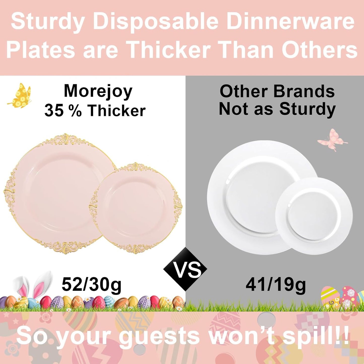 Morejoy 175pcs Pink Plastic Plates - Pink and Gold Disposable Plates, 10.25 inch Plastic Dinner Plates, Perfect for Wedding & Party & Holiday