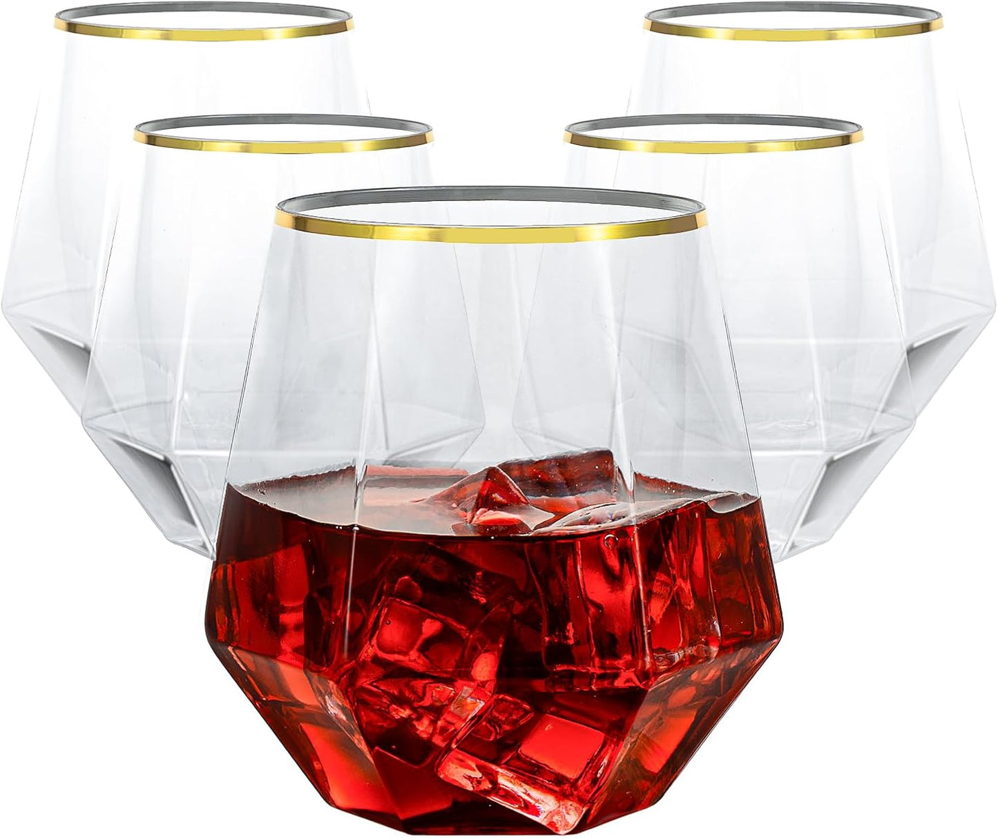 Goodluck 80 PCS Diamond Stemless Plastic Wine Whiskey Glasses, 12 Oz Disposable Cocktail Glasses, Suitable for Weddings, Birthday Parties, Family Gatherings, Bars, etc （Gold rimmed cups）