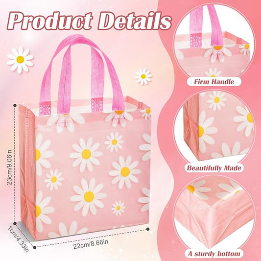 HunnmingRe 30 Pcs Daisy Flower Gifts Bags with Handles Daisy Party Favors Bag Bulk Summer Non Woven Reusable Goodies Treat Handbags for Birthday Wedding Baby Shower Party Supplies, 6 Style