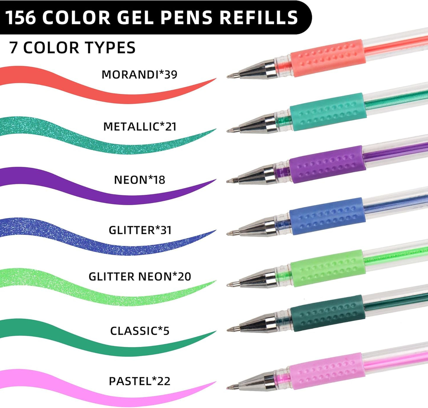 Glitter Gel Pen Refills, 156 Colors Gel Ink Pen Refills Replacements, Metallic Neon Ink Refills for Adults Coloring Book Drawing Doodling Journaling Art Supplies