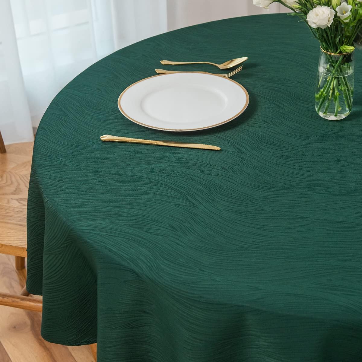 maxmill Round Swirl Design Tablecloth Waterproof Spillproof Wrinkle Free Table Cloth, Kitchen Dinning Circular Tabletop Decoration, Fabric Table Cover for Christmas Parties, 70 Inch, Hunter Green