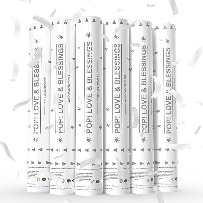 White Confetti Poppers 6 Pack,Biodegradable Confetti Connon,12inch Rice Paper Water Soluble Confetti Tube For Lawns Outdoor Wedding,Birthday,Celebrations