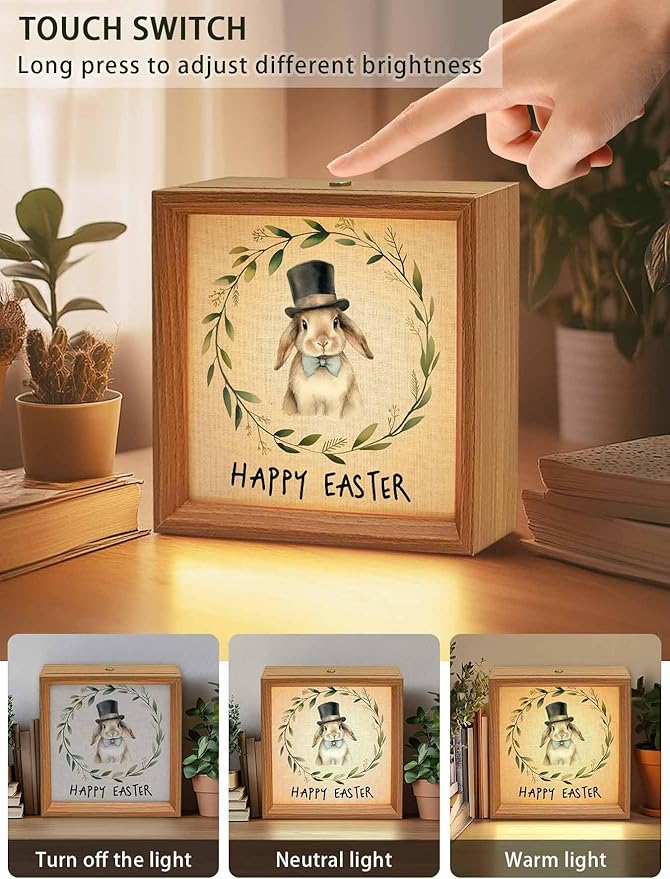 Happy Easter Bunny Garland Wooden LED Night Light USB Rechargeable Dimmable Touch Table Light for Home Decor Eucalyptus Leaf Retro Linen Wood Picture Frame Box,6.5X6.5IN