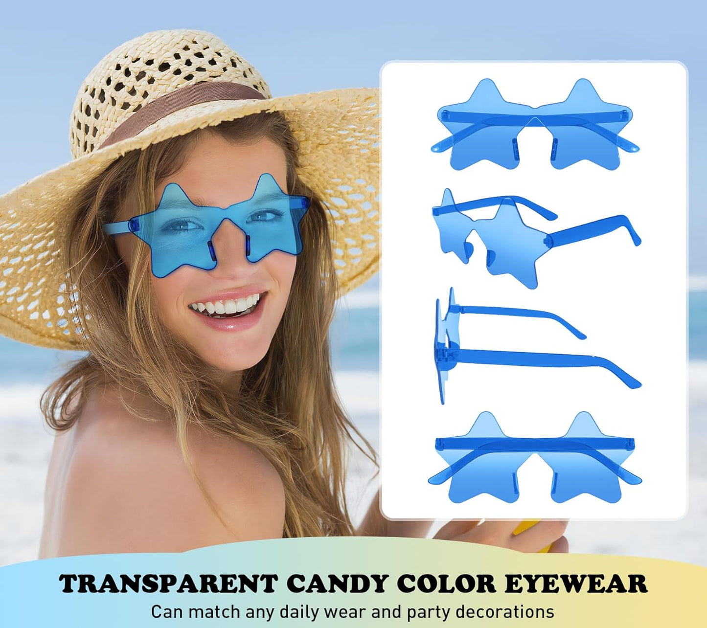 Matcheck 8/40 Pcs Star Shaped Rimless Sunglasses Bulk Transparent Candy Gradient Color Glasses One Piece Fun Party Eyewear