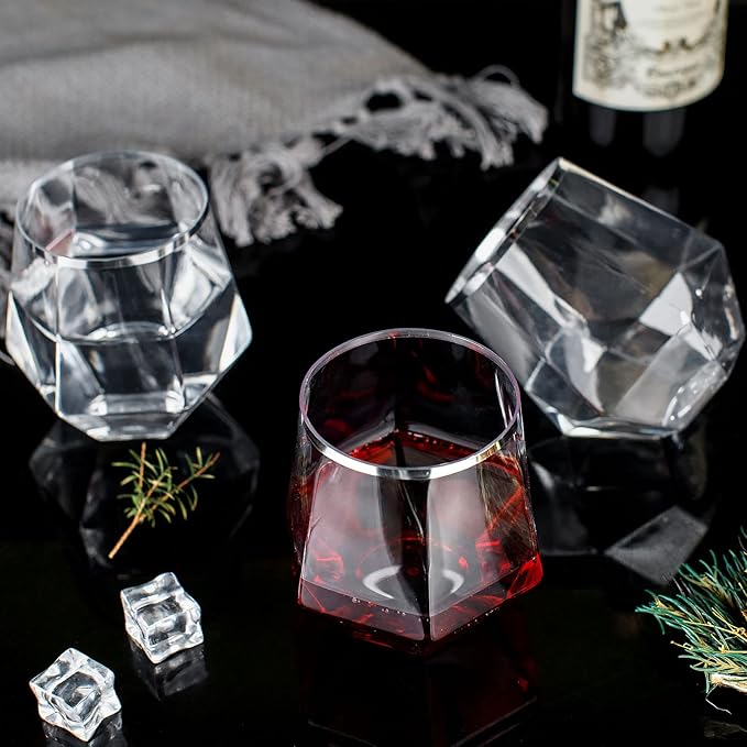 LUODA 32 Pack Silver Plastic Wine Glasses,12 Oz Disposable Whiskey Glasses, Silver Stemless Diamond Shaped Wine Glasses For Serving Wine, Cocktail, Whiskey,Wedding