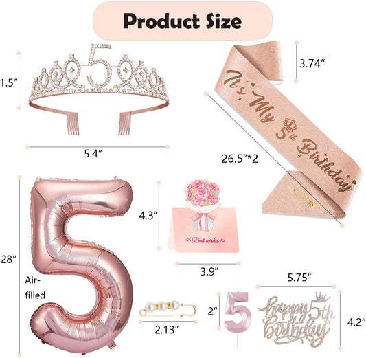 5th Birthday Decorations Girl, Including 5 year old Birthday Cake Topper, Queen Sash with Pearl Pin, Sweet Rhinestone Tiara Crown, Number Candles and Balloons Set, Rose Gold
