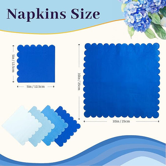 100 Pcs Blue Cocktail Napkins Folded 5 x 5 Scalloped Napkins Gradient Color Beverage Napkins Disposable Dessert Napkins for Birthday Party Supplies Wedding