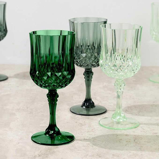 Efavormart 12 Pack Assorted Green Crystal Cut Reusable Plastic Wine Glasses, Shatterproof Cocktail Goblets 8oz