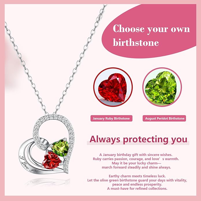Double Birthstone Heart Necklace 0.8CT Dual-Gemstone S925 Sterling Silver Plated White Gold Engraved I Love You Perfect Anniversary/Valentine's Day Gift for Wife/Girlfriend/Mom/Daughter