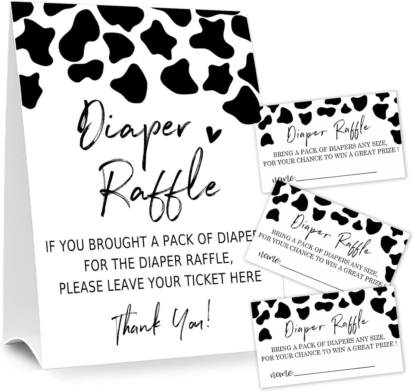 Diaper Raffle Tickets for Baby Shower Game, 1 Standing Sign & 50 Guessing Cards for Baby Shower Party Decoration, Dairy cow