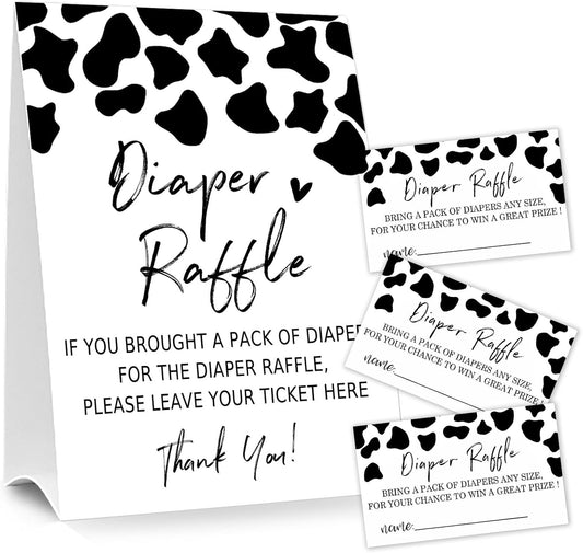 Diaper Raffle Tickets for Baby Shower Game, 1 Standing Sign & 50 Guessing Cards for Baby Shower Party Decoration, Dairy cow