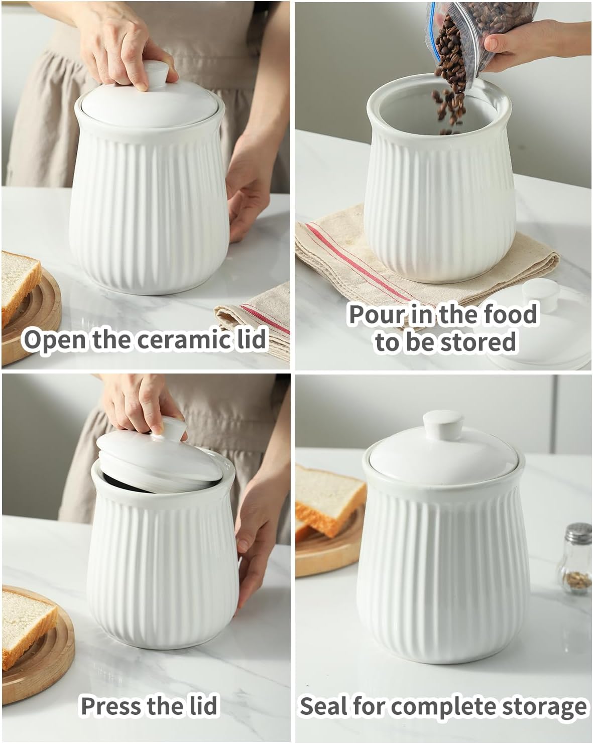 Hasense Kitchen Storage Containers, 35 oz Kitchen Canister with Airtight Lids, Cookie Candy Jar for Coffee Beans, Tea-leave, Sugar, Salt, Flour, Spice, Coffee Container, Housewarming Gift, White