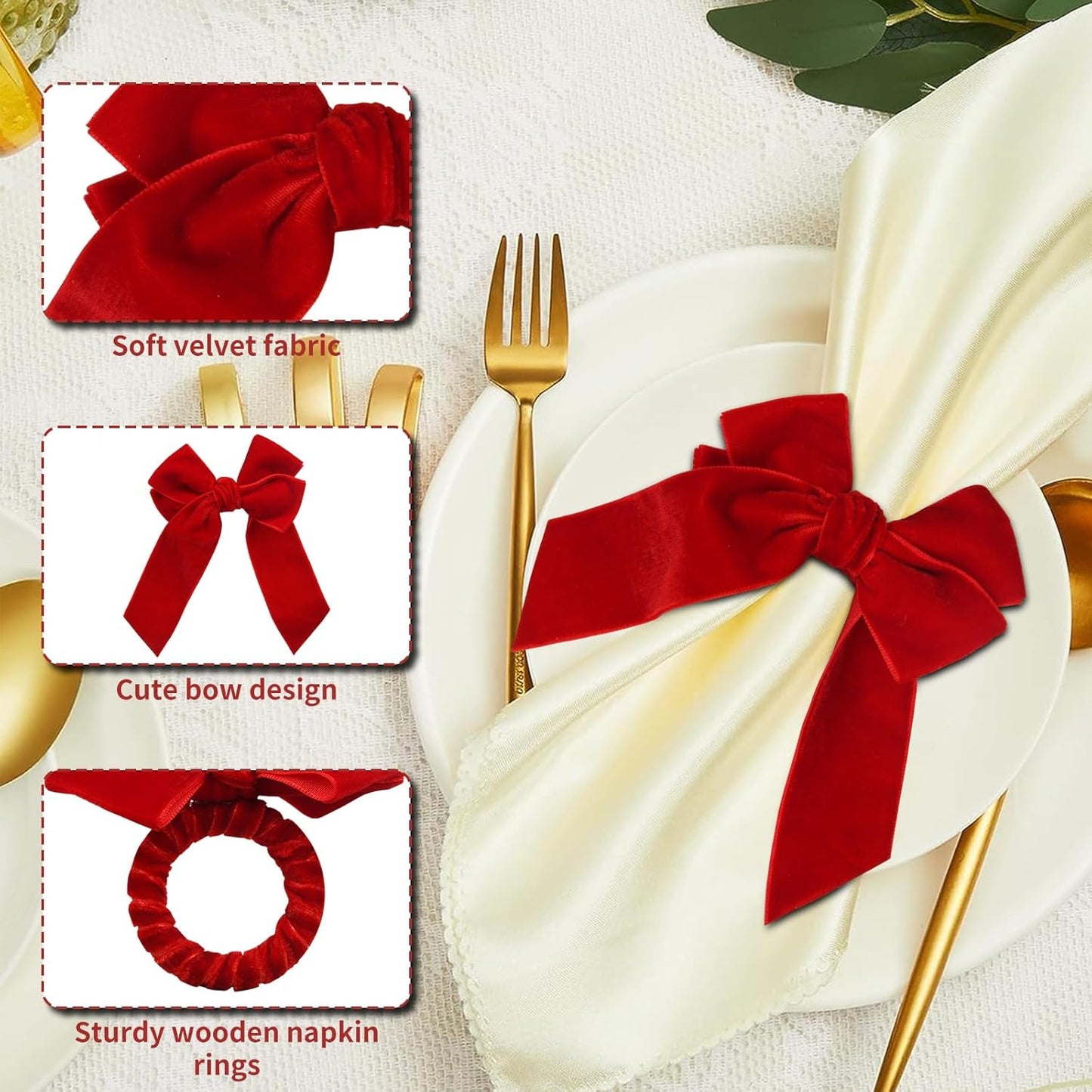 Velvet Bow Napkin Rings, Set of 4 Christmas Bowknot Napkin Holder Ring Dining Table Decor for Xmas Dinner Parties Wedding Holiday Home Table Setting(Red Bow)