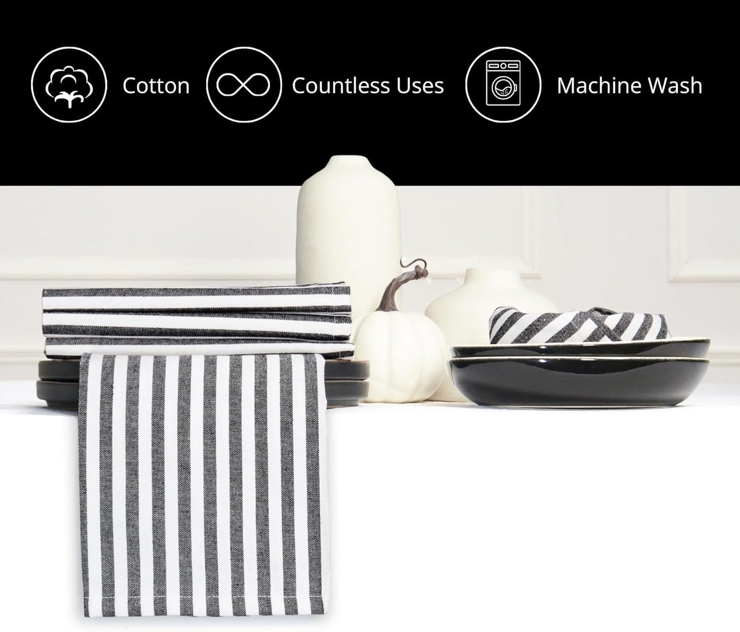 PurpleEssences Plain Striped Cloth Napkins - Set of 12-100% Cotton - 18 x 18 Inch - Fall Thanksgiving Halloween - Perfect Everyday Use Dinner Napkin - Black and White