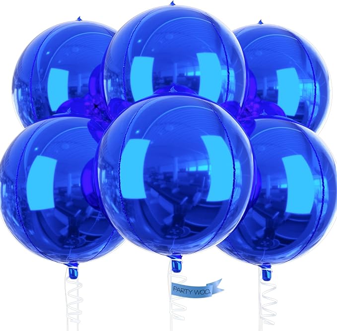 PartyWoo Royal Blue Foil Balloons 6pcs 22 Inch Large Round Foil Big Giant 4D Jumbo Inflatable Mirror Ball Mylar Balloons for Graduation Men Birthday Retirement Baseball Gaming Party Decorations