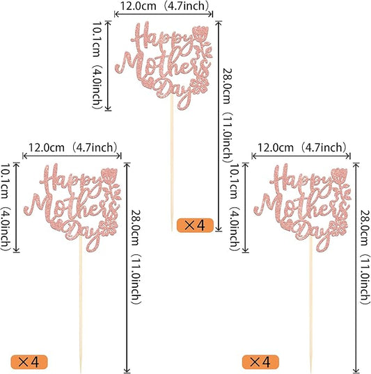 12 PCS Happy Mother's Day Centerpiece Sticks Double Sided Glitter Rose Love Best Mom Centerpieces for Happy Mother's Day Theme Table Flower Decorations Women Birthday Party Supplies Rose Gold