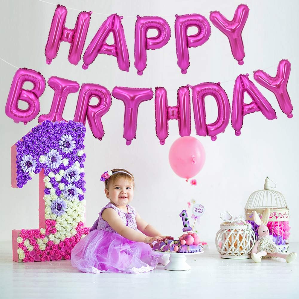 TONIFUL Hot Pink Happy Birthday Balloons Banner, 16 Inch Mylar Foil Letters Birthday Sign Bunting Reusable for Girls Boys Kids & Adults Birthday Decorations and Party Supplies