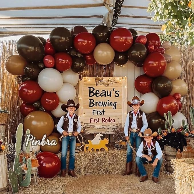 Red Balloon Garland Double Stuffed Dark Red Brown Burgundy Balloons Tan Nude White Sand Latex Balloon Arch Kit for Western Cowboy Farm Birthday Bridal Wedding Mother's Day Party Decorations